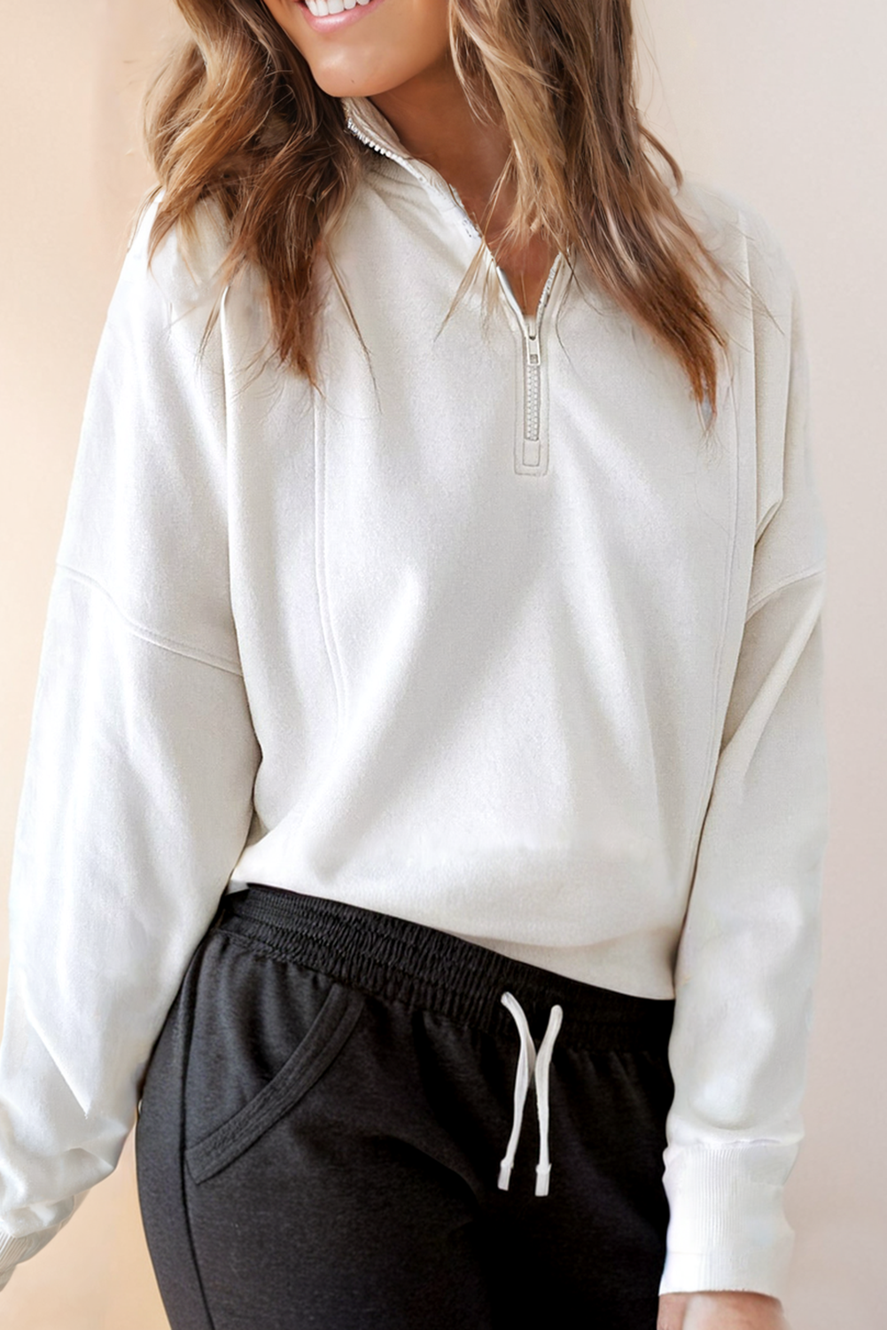 Womens Half Zipped Neck Pullover Drop Shoulder Sweatshirt: White / Missy / M
