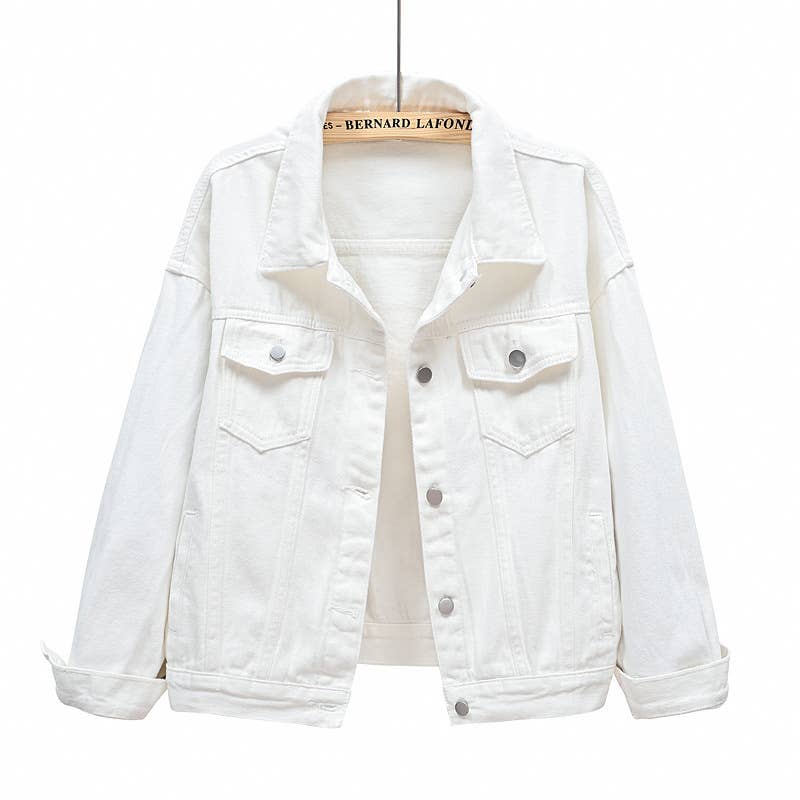 Solid color slim cropped denim jacket casual jacket: White / (L) 1