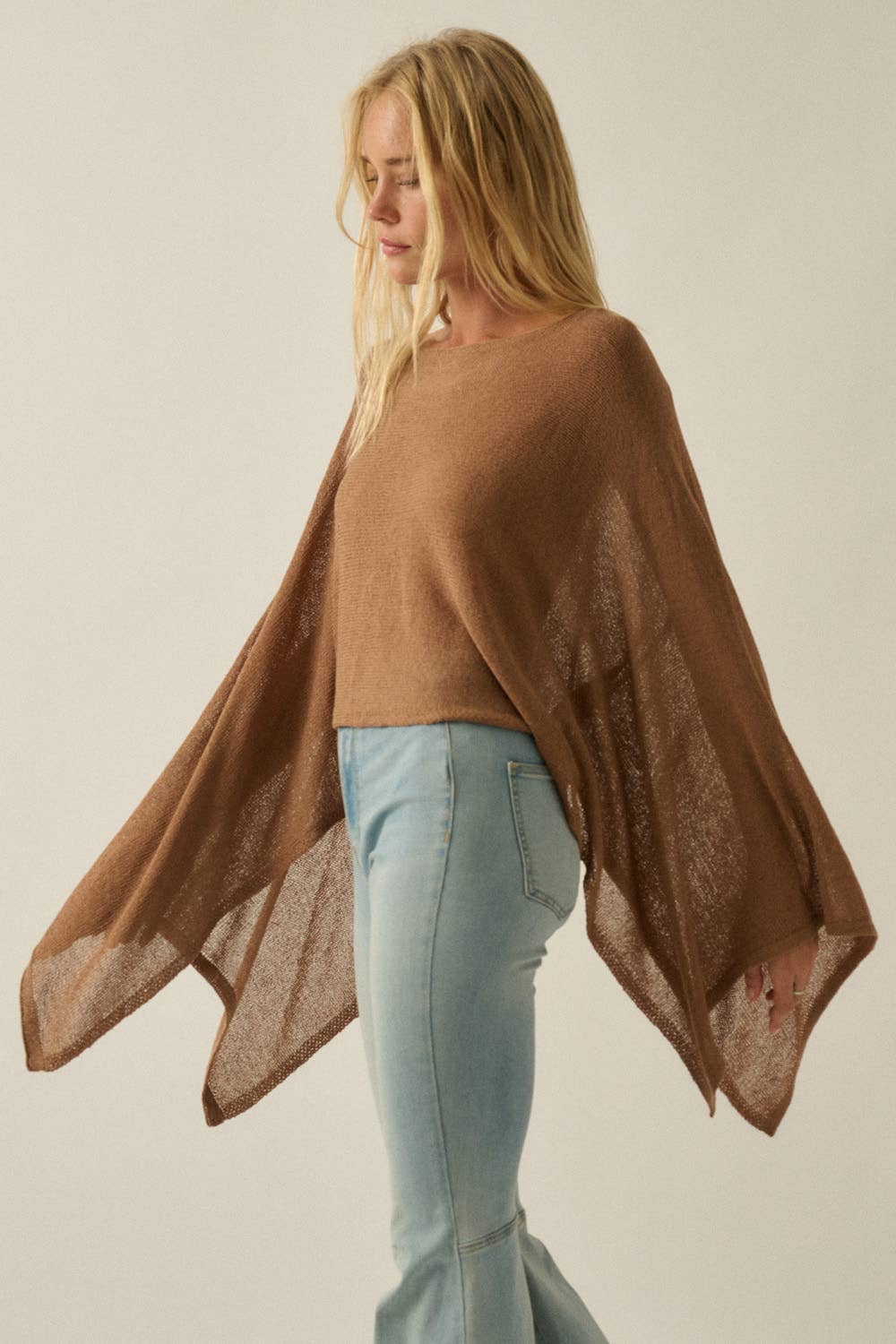 Sheer Lightweight Knit Cropped Poncho Sweater: Off White / S