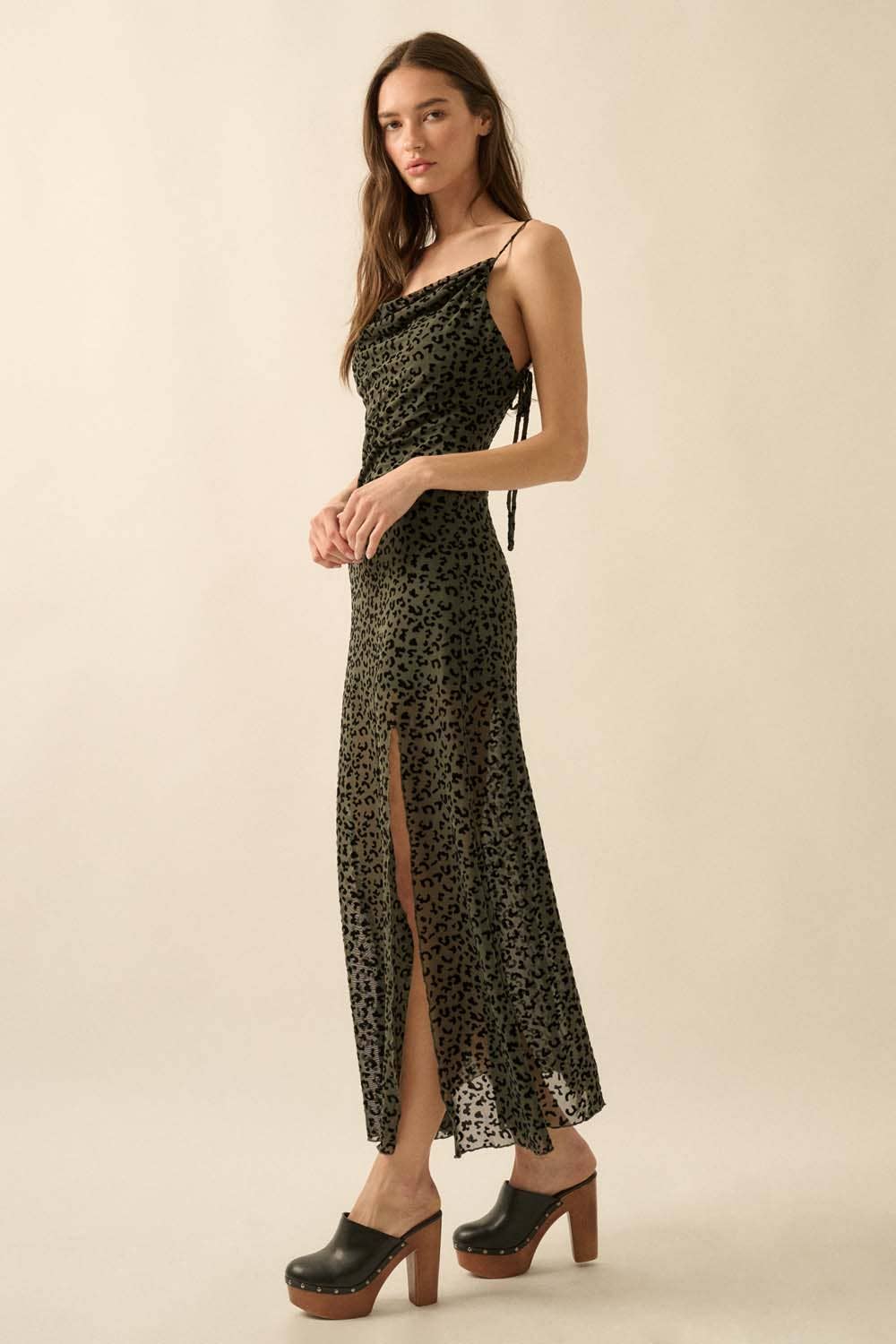 Flocked Leopard Mesh Cowl-Neck Maxi Dress: BURGUNDY / L