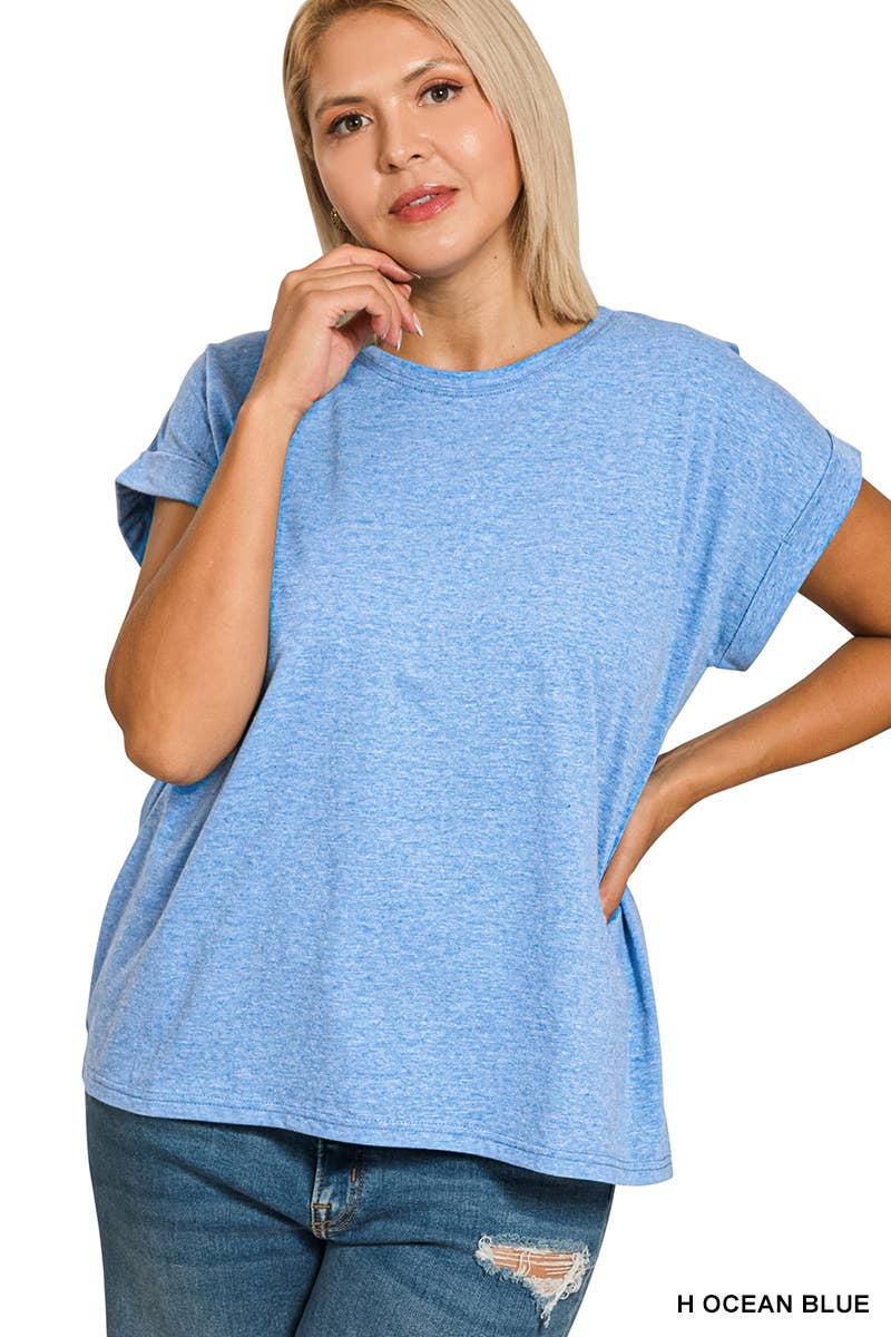 ,..._ Plus size Cotton Folded Sleeve T Shirt: +WHITE-173980 / 1X