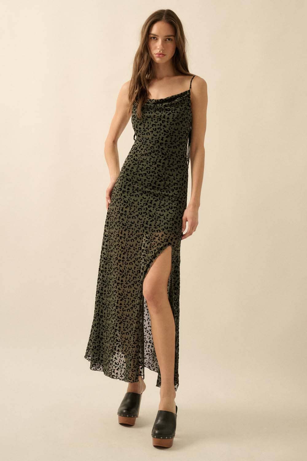 Flocked Leopard Mesh Cowl-Neck Maxi Dress: BURGUNDY / L