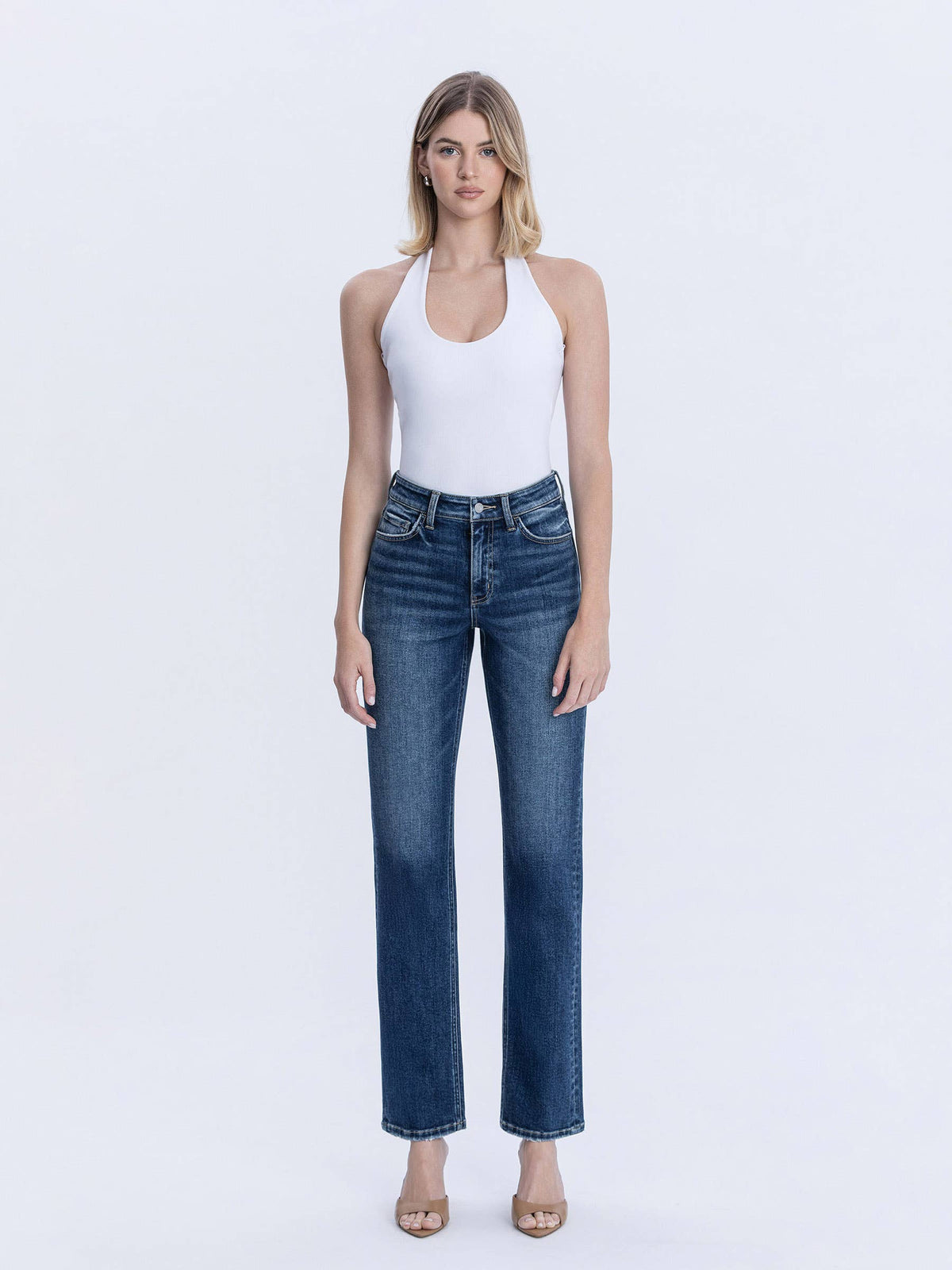 HIGH RISE FULL LENGTH DARK WASH STRAIGHT JEANS T7012: CELESTIAL GLOW / 27