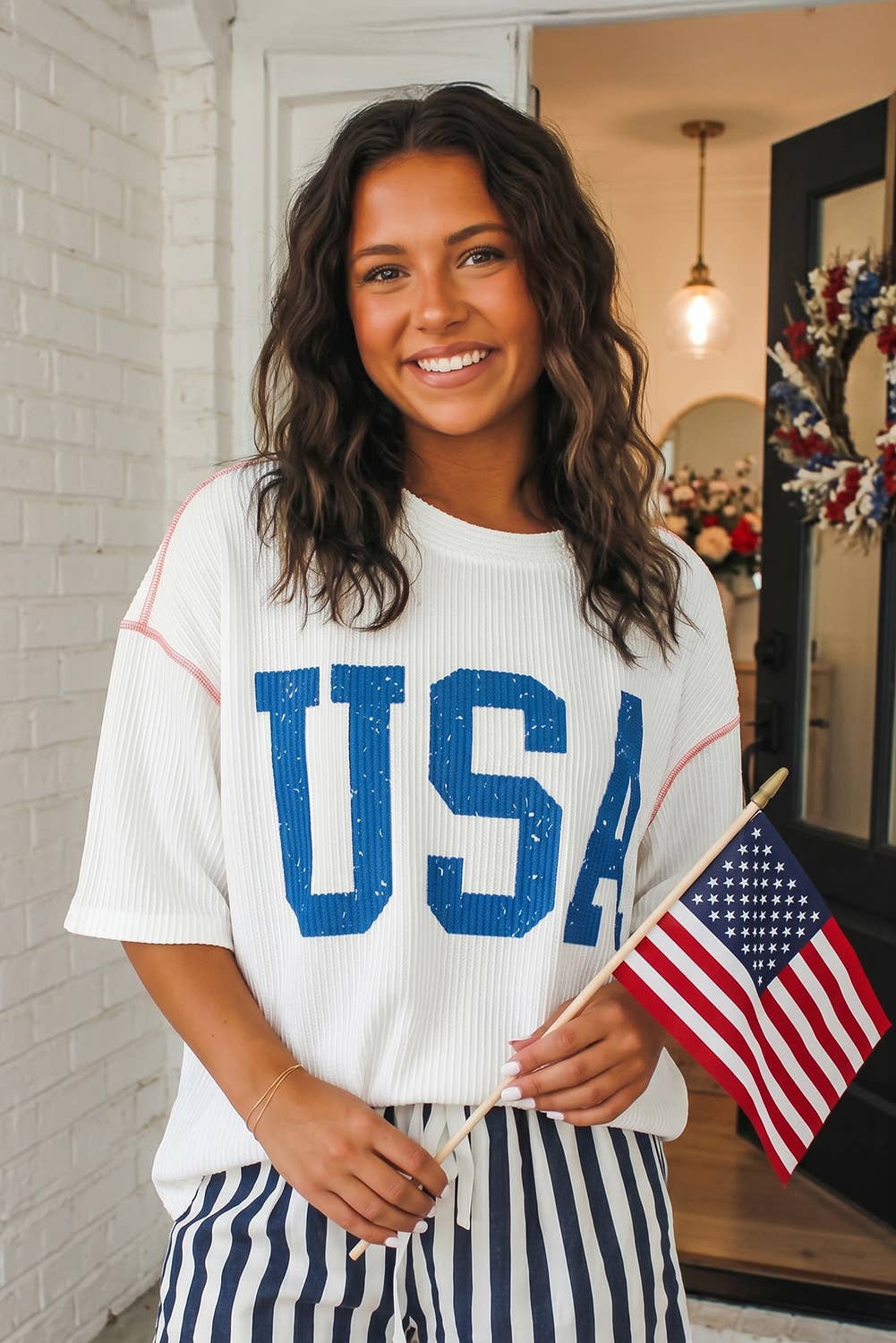 LAS USA Graphic Half Sleeve Loose Ribbed Top (S-XL): Fiery Red / Missy / M