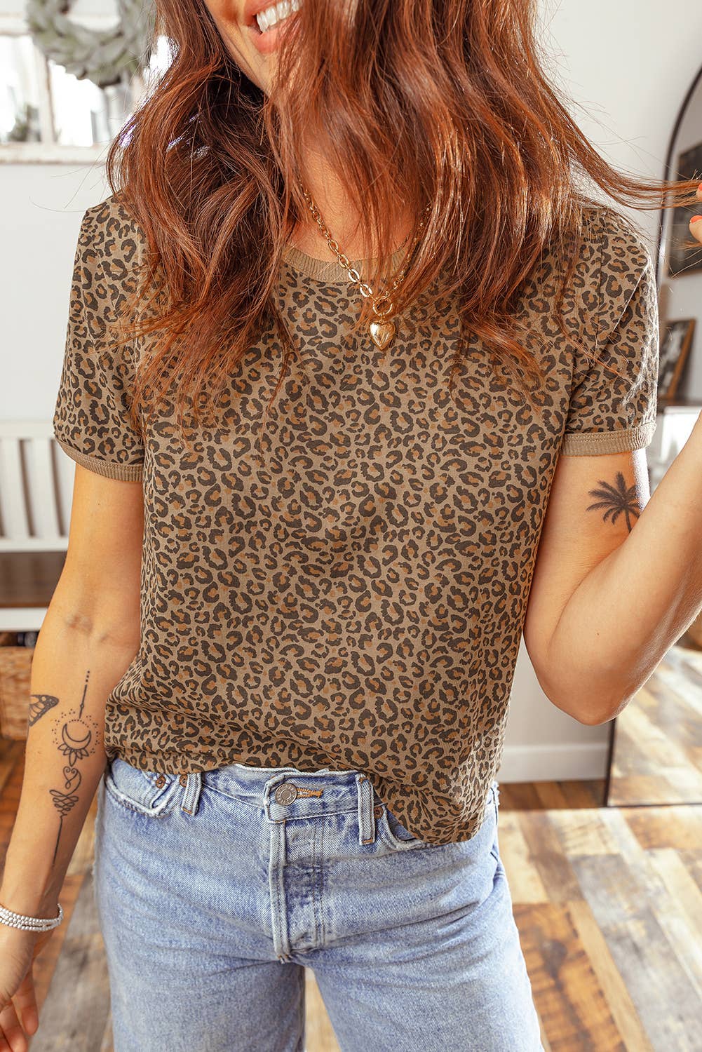 66 Plus Size Leopard Print Ribbed Trim Round Neck Tee (S-4X): Brown / M