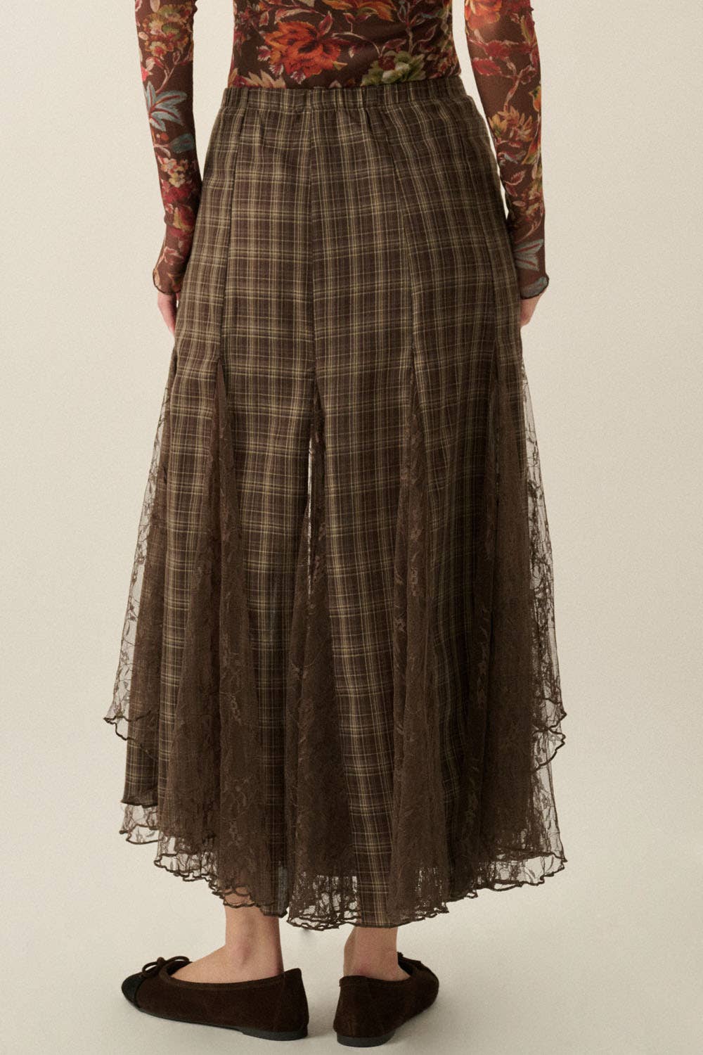 Plaid and Lace Godet Pleated A-Line High-Waist Maxi Skirt: Chocolate / M