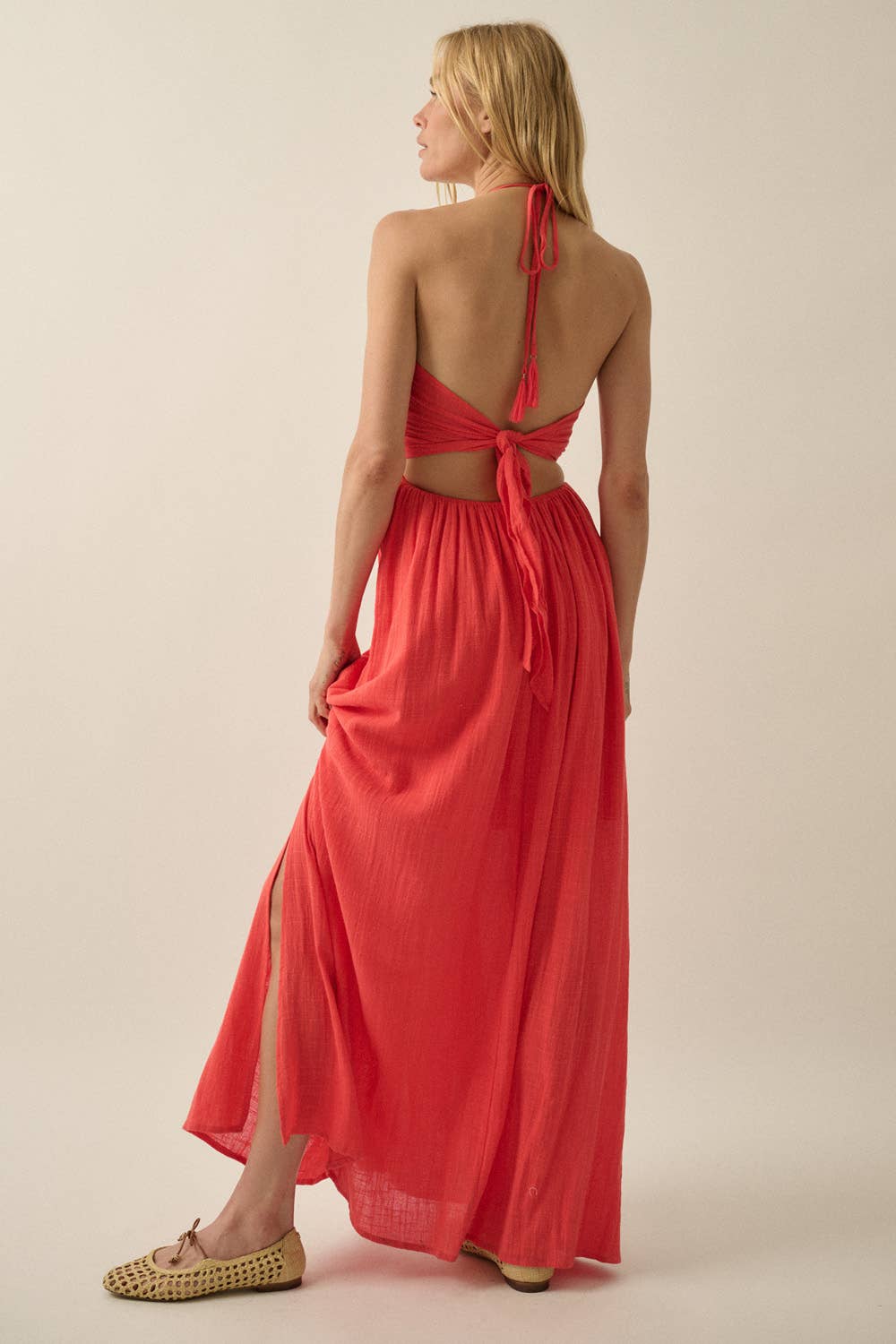 Cotton Gauze Tie-Back Halter Pocket Maxi Dress: Stone / L