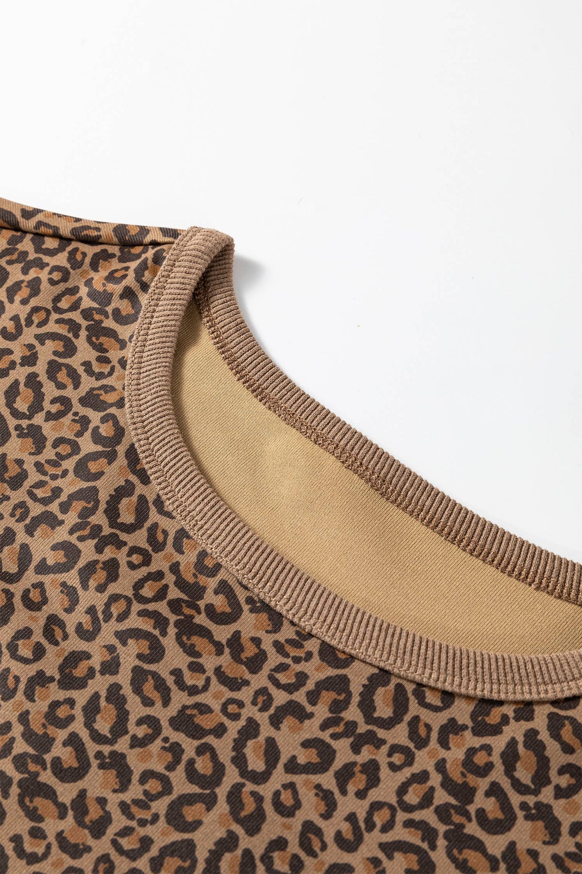 66 Plus Size Leopard Print Ribbed Trim Round Neck Tee (S-4X): Brown / 1X