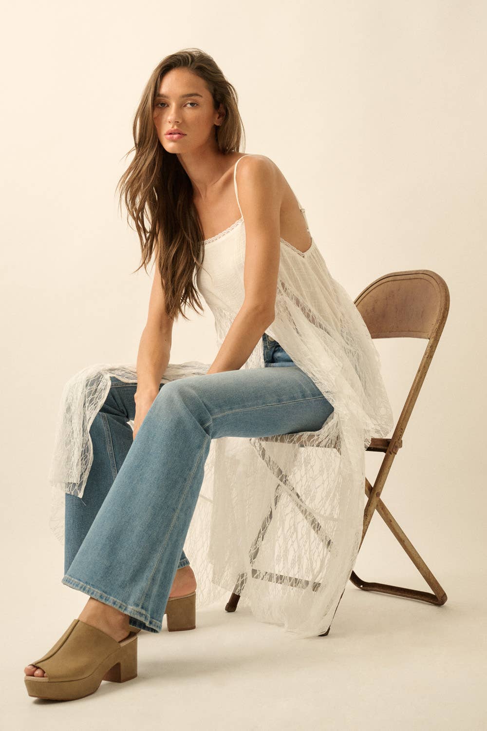 Ruffled Lace Flyaway Maxi Cami Top: Black / M