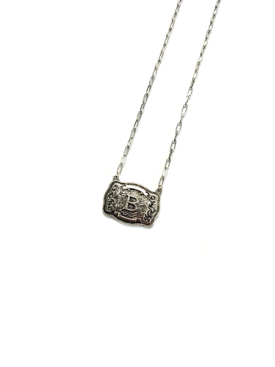Western Belt Buckle Initial Necklace: D