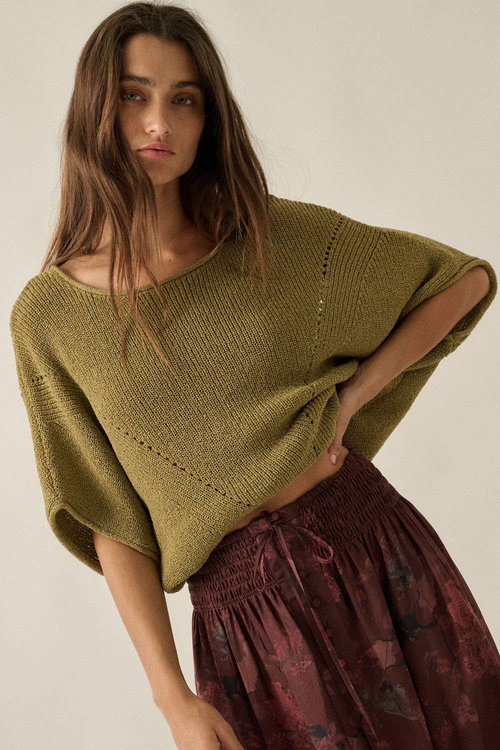 Short-Sleeve Pointelle Ribbed Knit Sweater: Mulberry / S