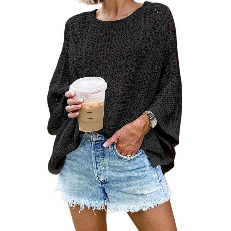 Ladies Bat Sleeves Hollow Out Knit Blouse 22065: White / M