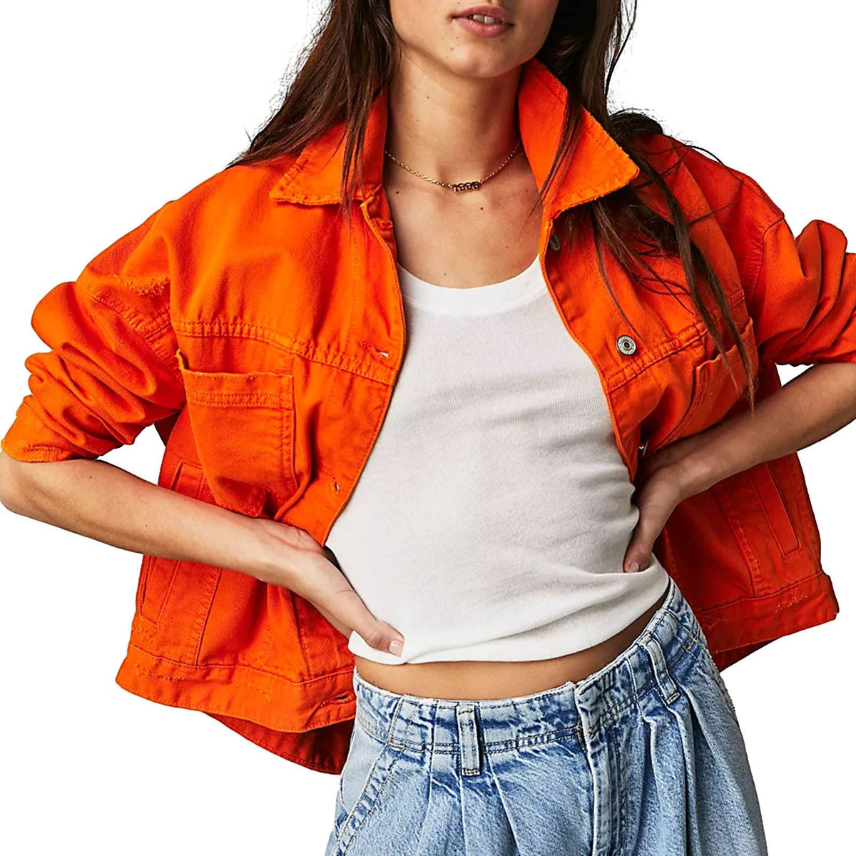 LOOSE STYLISH SOLID COLOR DENIM JACKET FOR WOMEN: BLUE / (M) 1