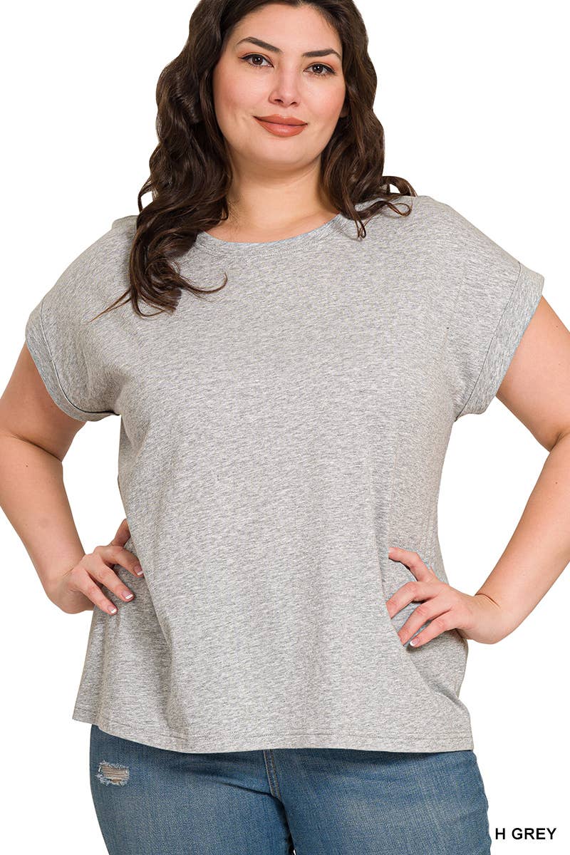 ,..._ Plus size Cotton Folded Sleeve T Shirt: +WHITE-173980 / 2X