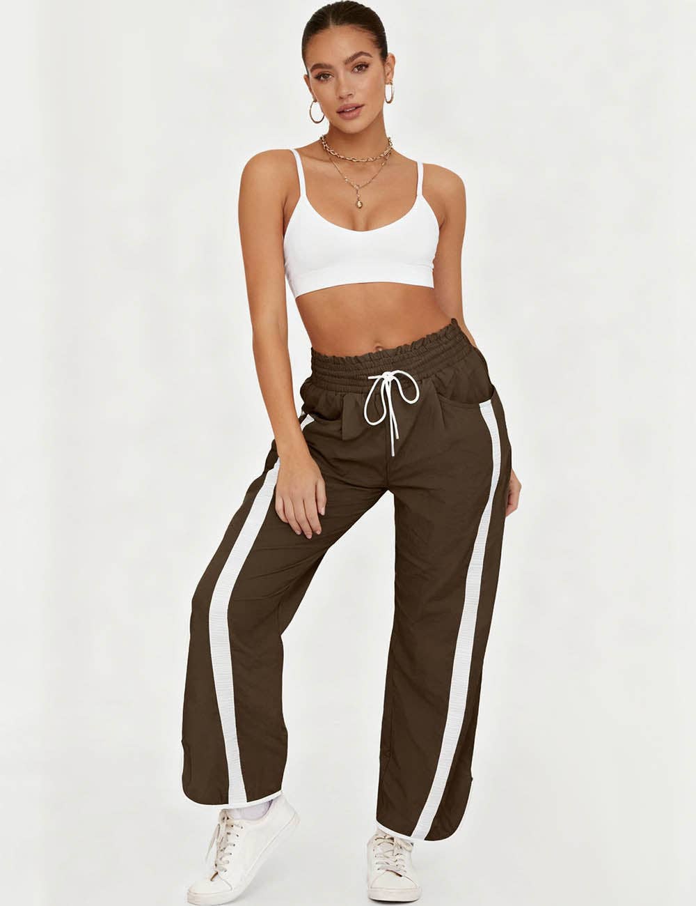 Ladies Color Block Striped Elastic Tie Waist Wide Leg Pants: Coffee / M