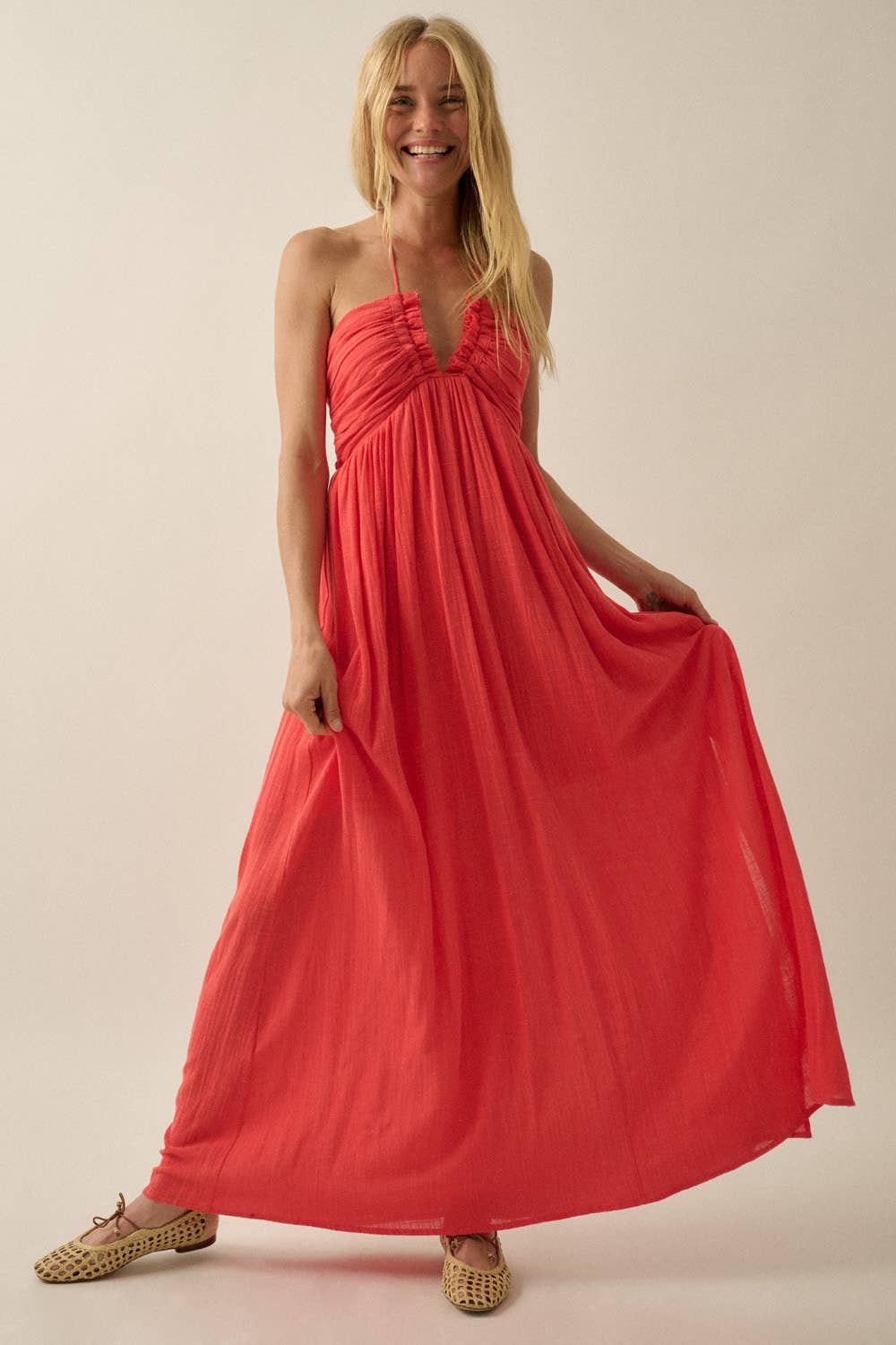 Cotton Gauze Tie-Back Halter Pocket Maxi Dress: Stone / L