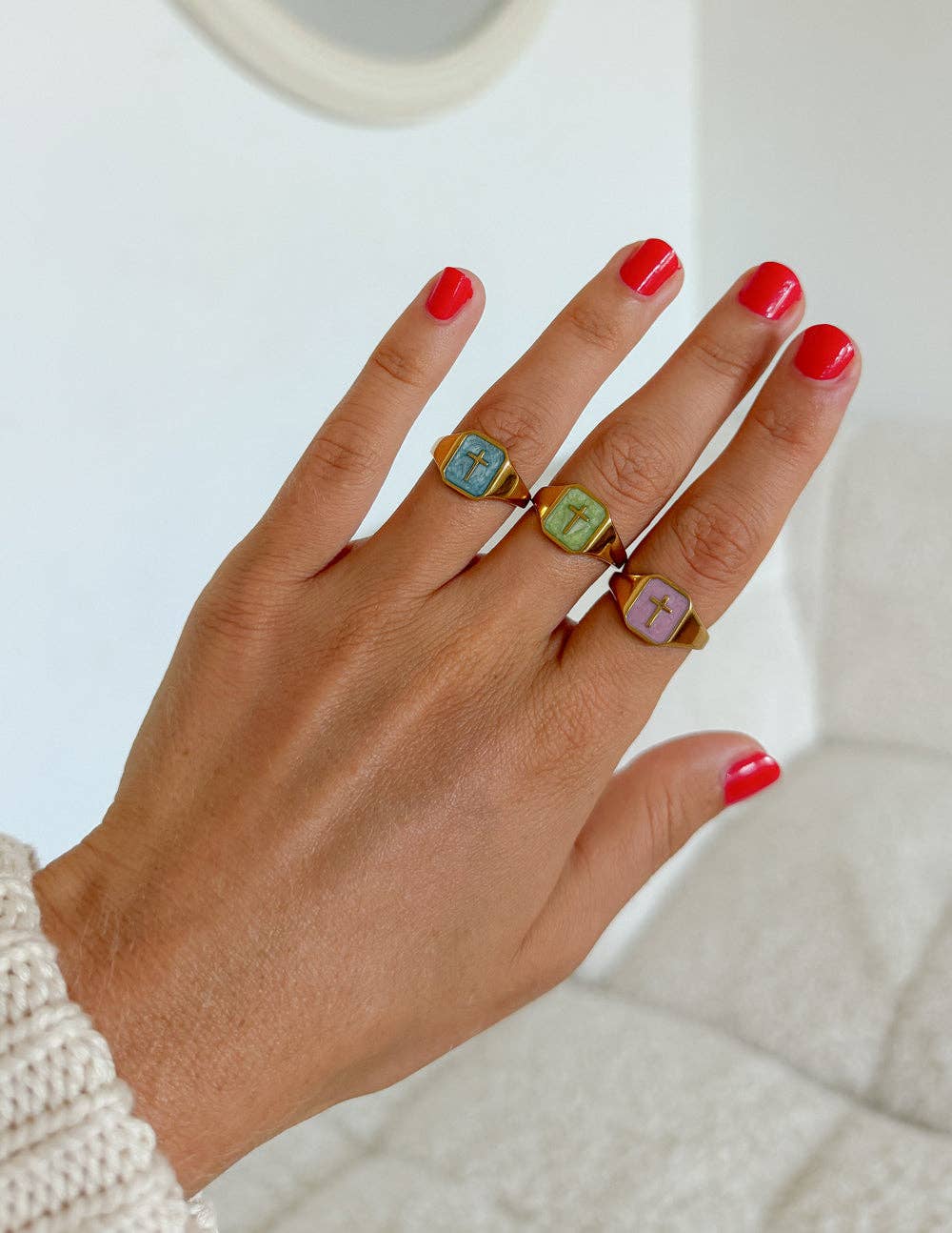 Matcha Green Enamel Cross Ring: 9