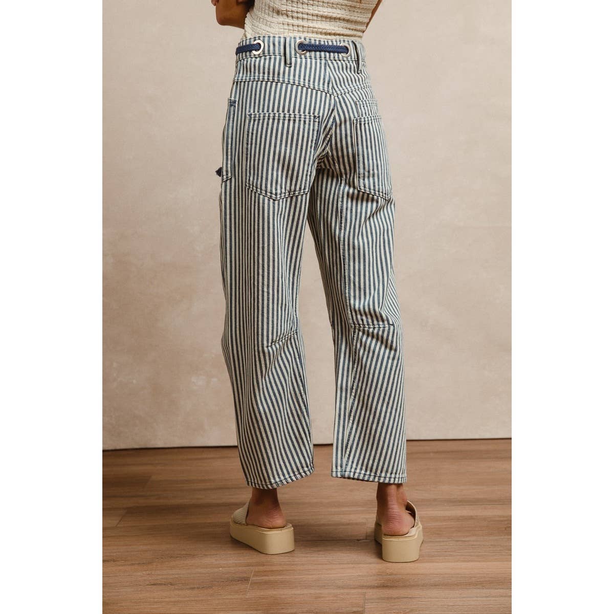 STRIPED TWILL BARREL PANTS: OATMEAL / S-M-L-XL(2-2-2-2)