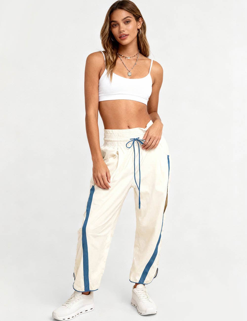 Ladies Color Block Striped Elastic Tie Waist Wide Leg Pants: Coffee / XL