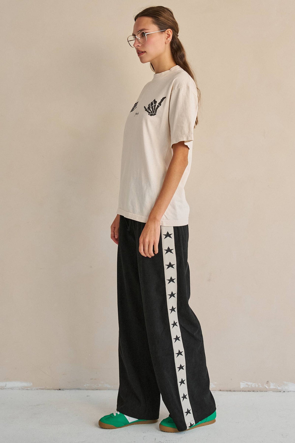 STAR STRIPE CORDUROY WIDE LEG PANTS: Black / 3XL