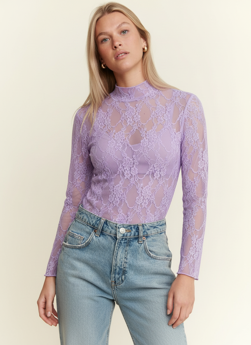 Floral Print Lace Long Sleeve Top KRT1739: BURGANDY / M