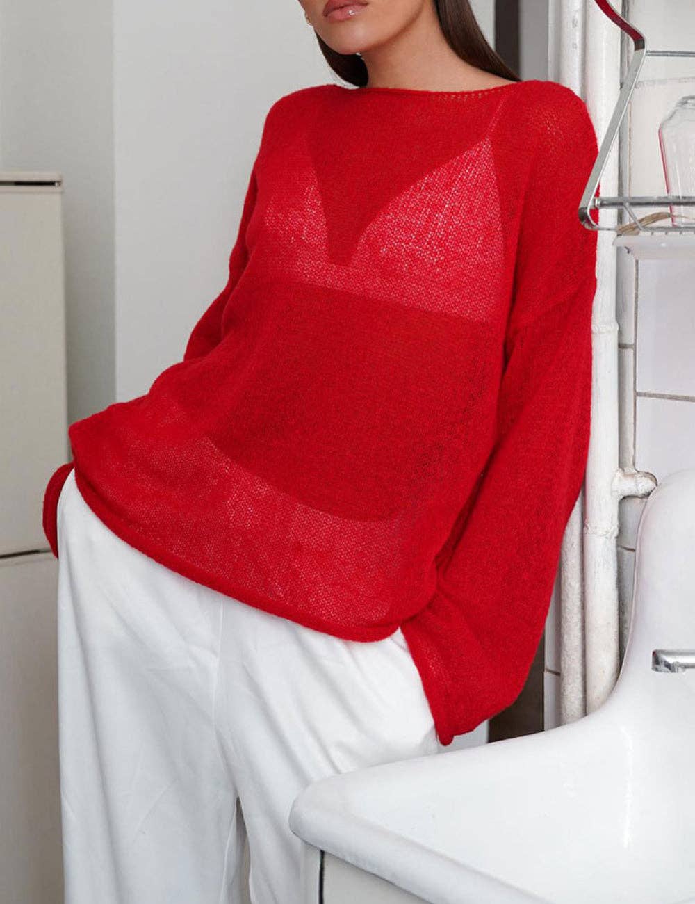 Ladies Solid Color Hollow Knit Top MY0106: Light Pink / S