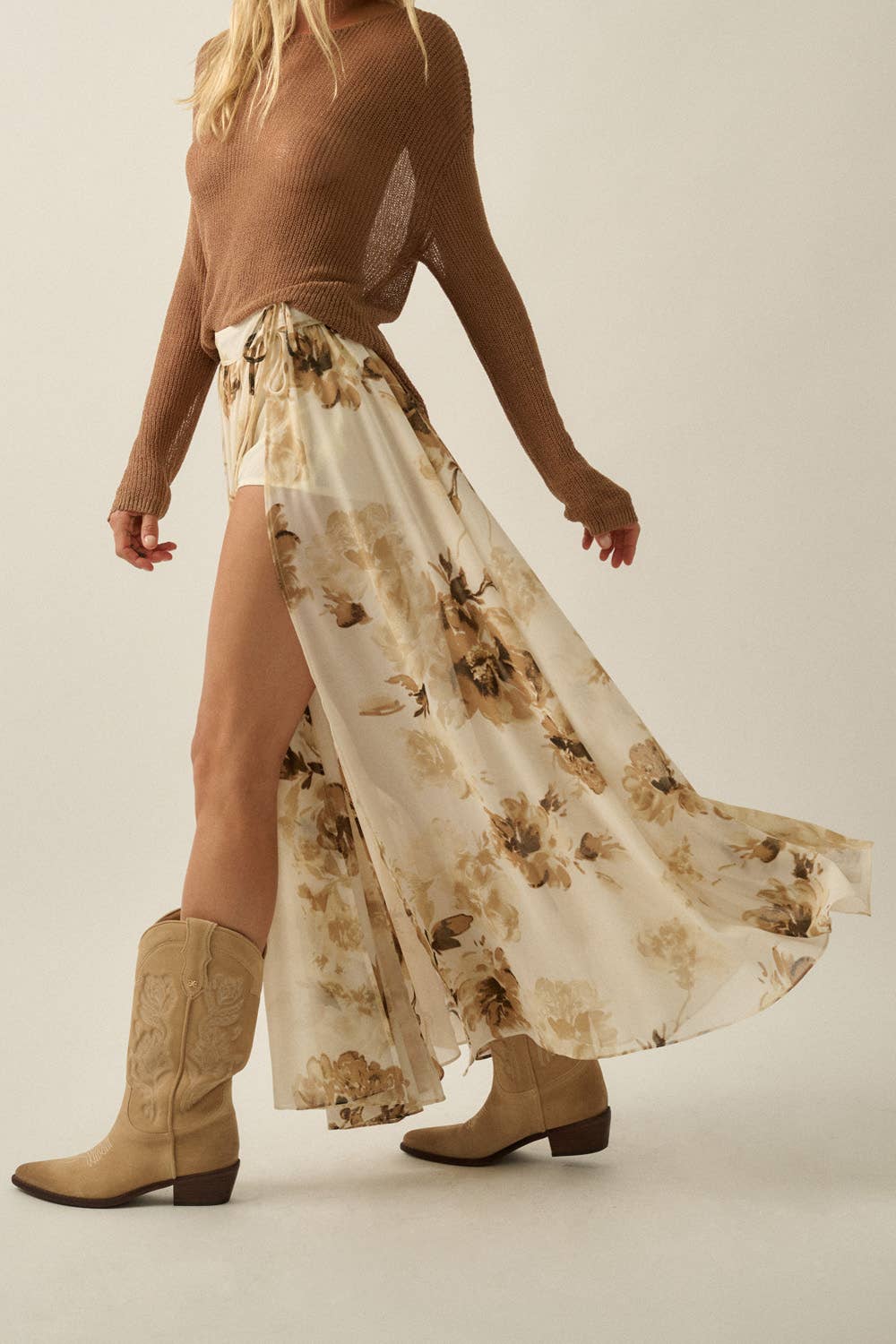 Floral-Print Chiffon Tie-Waist Maxi Skort: Retro Blue / M