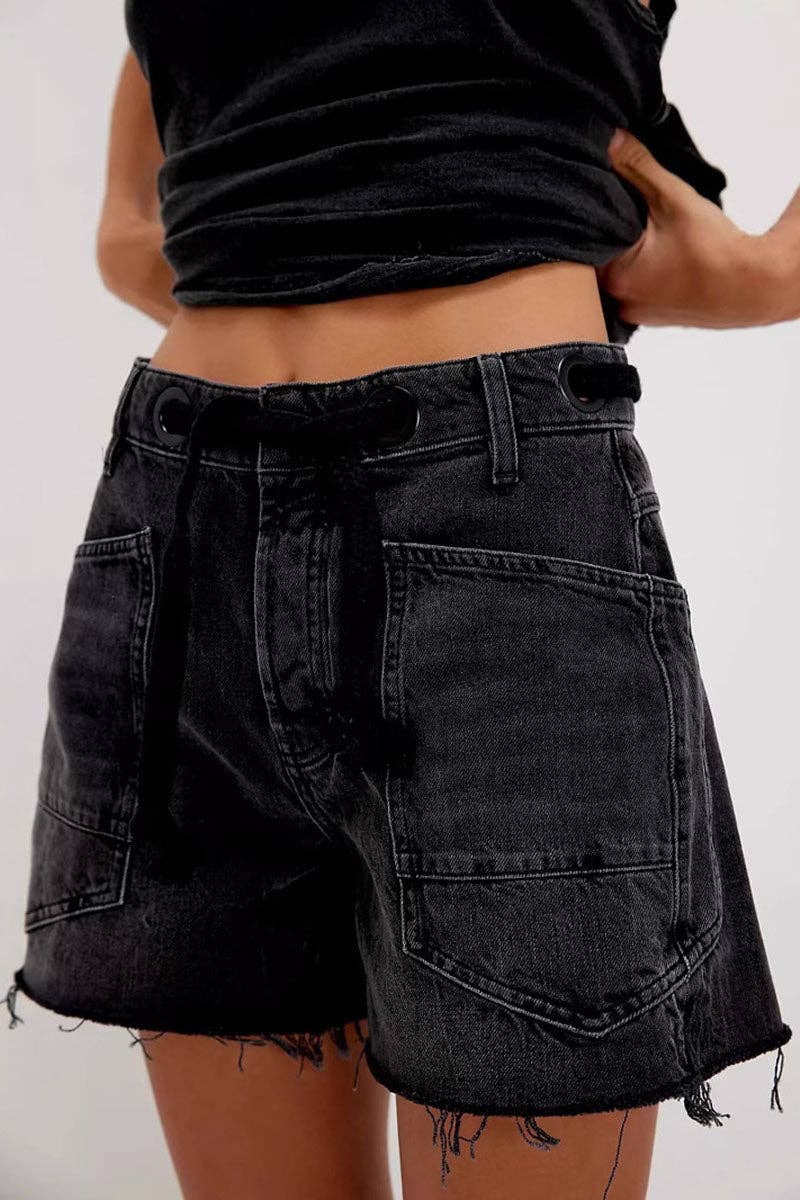 Lace-Up Denim Shorts: BLACK / S