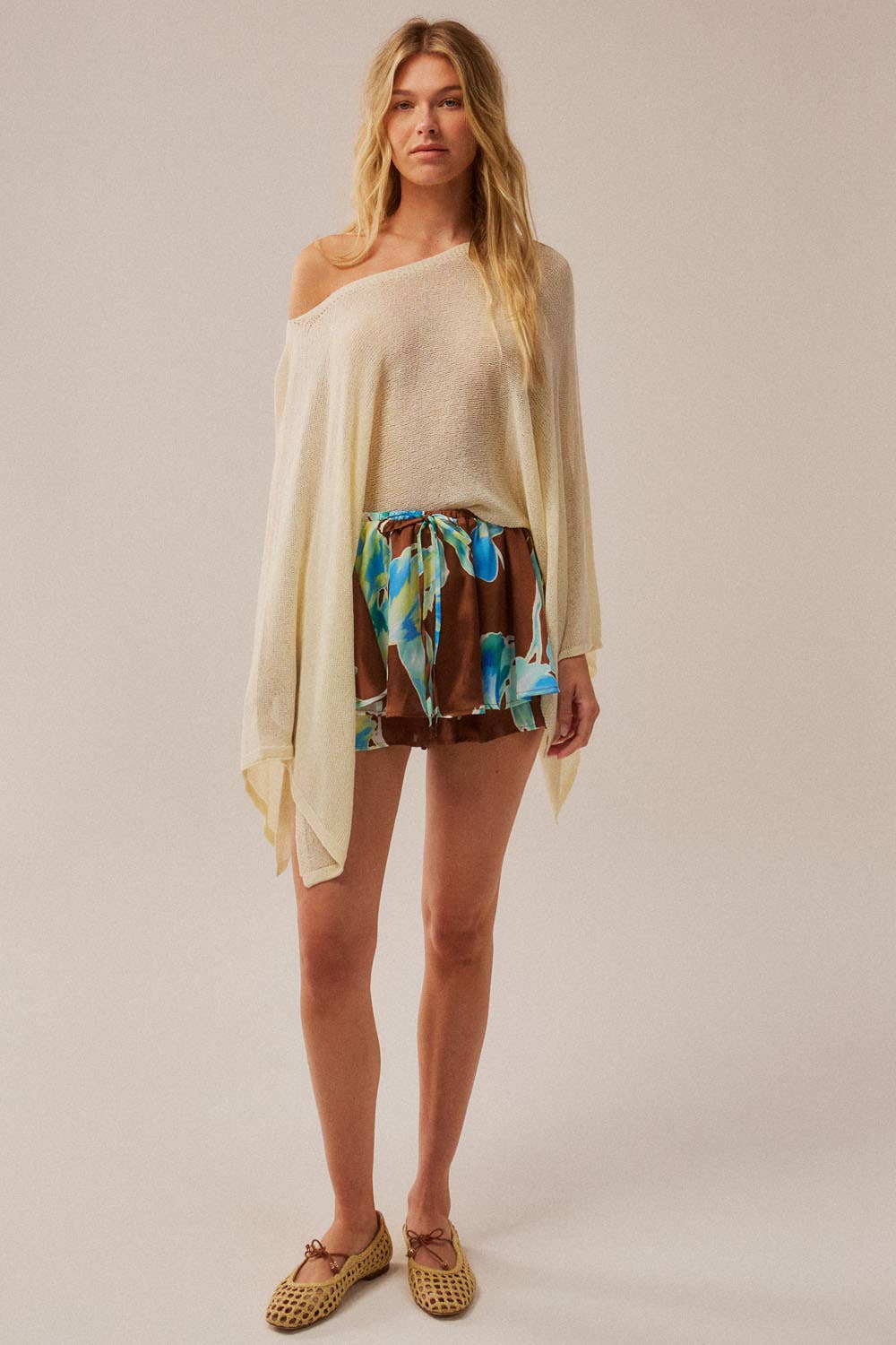 Sheer Lightweight Knit Cropped Poncho Sweater: Off White / M