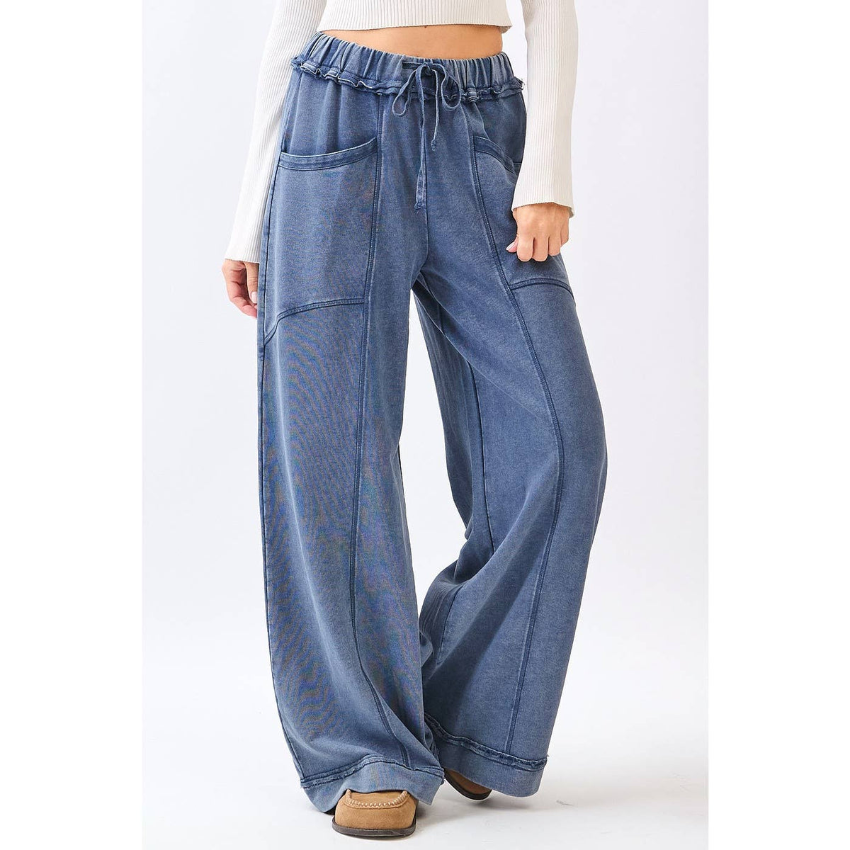 MINERAL WASH CURVED SEAM WIDE LEG PANTS: HAZELNUT / S-M-L(2-2-2)