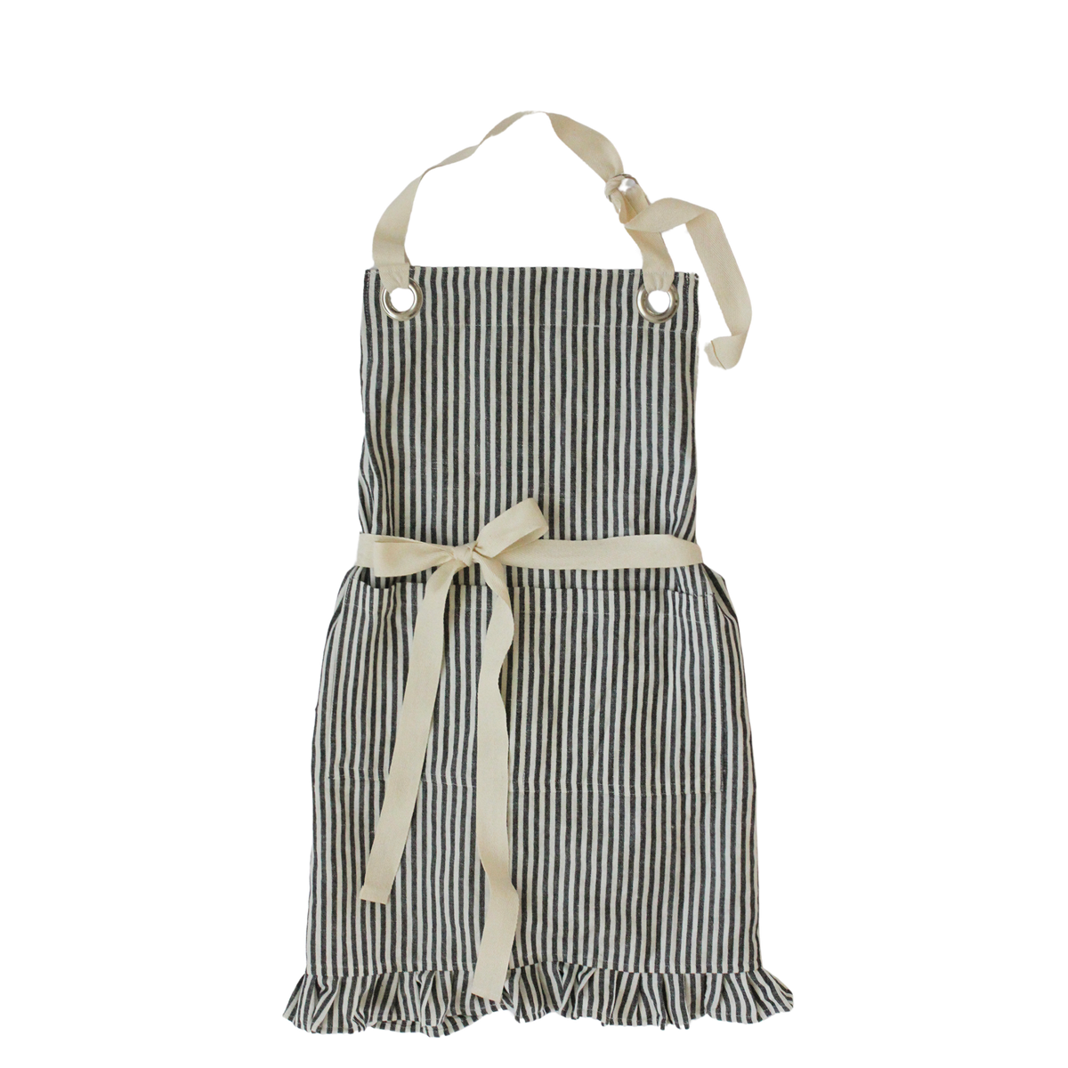 Ruffle Pin Stripe Apron: Black