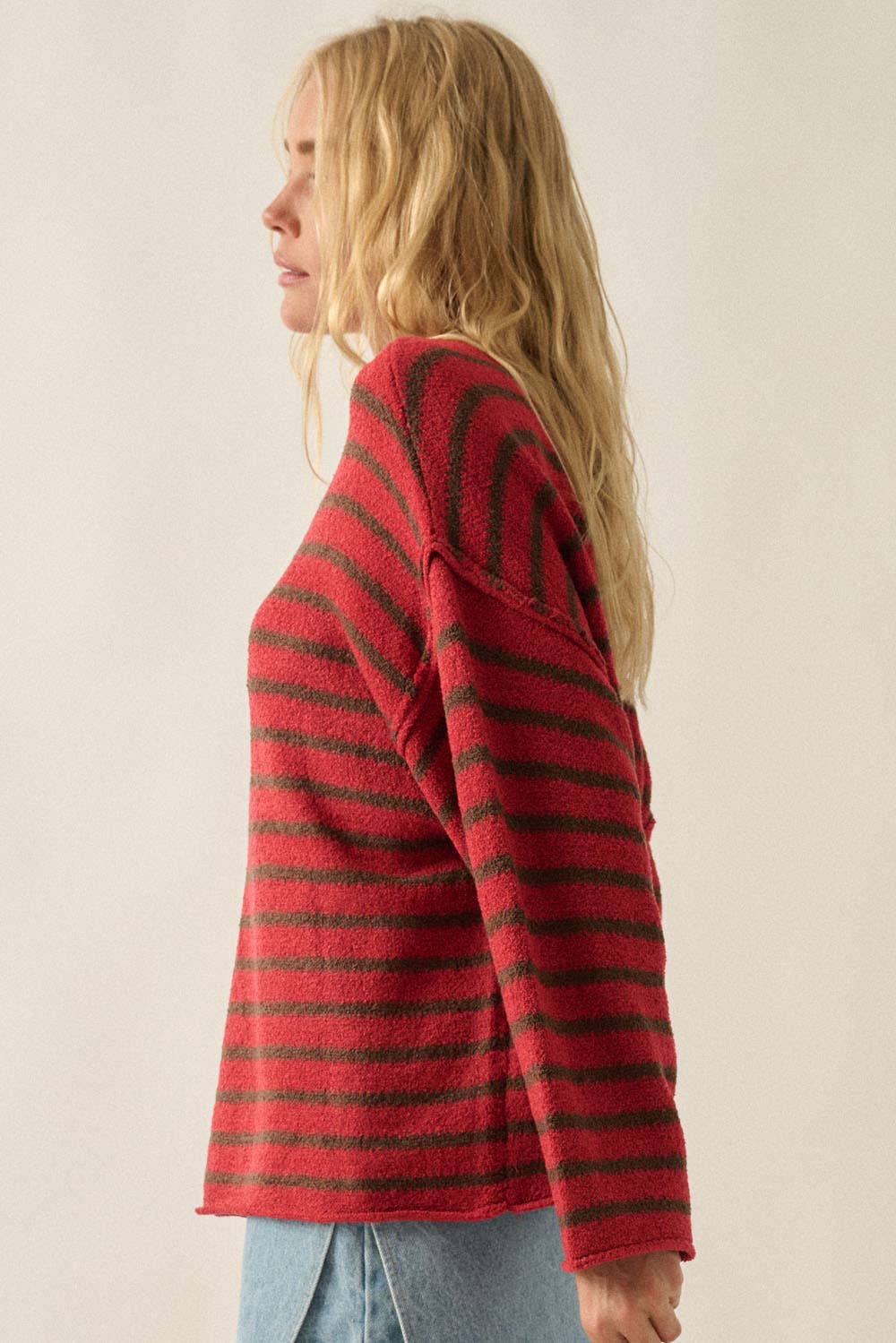 Striped Textured Knit Oversized Sweater: Choco-Blue / M