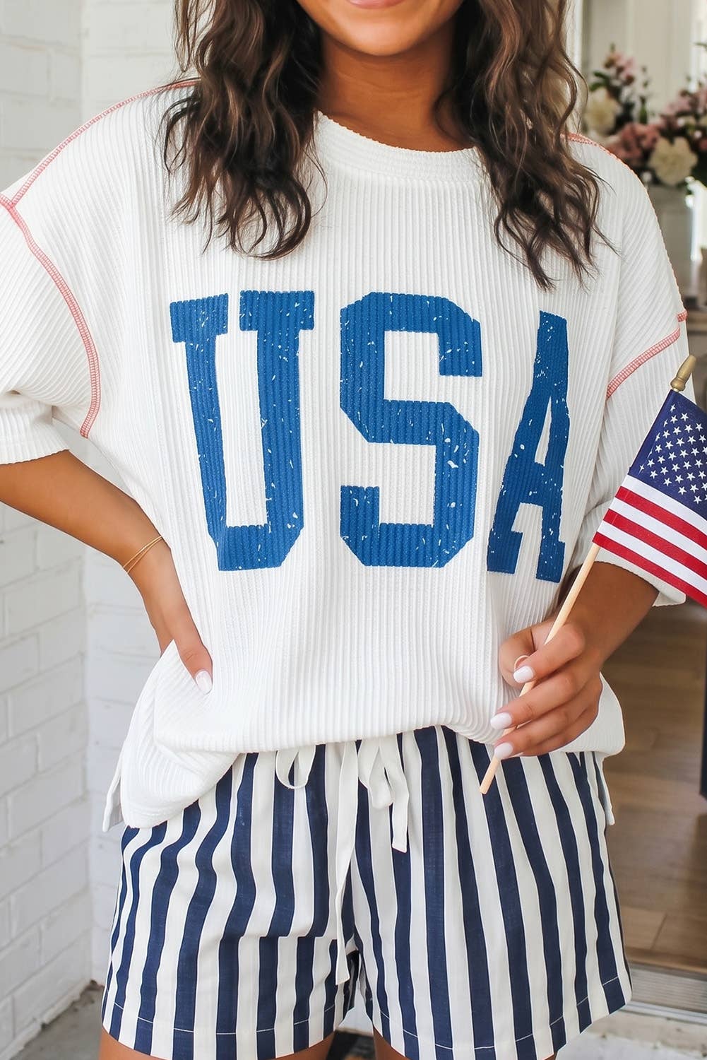 LAS USA Graphic Half Sleeve Loose Ribbed Top (S-XL): Fiery Red / Missy / M