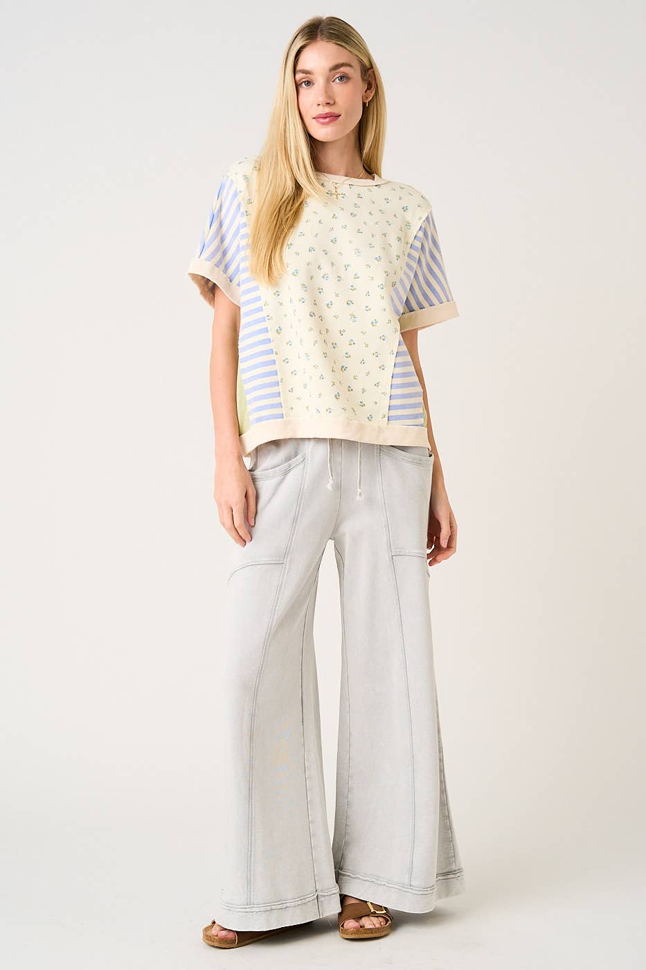 MINERAL WASH CURVED SEAM WIDE LEG PANTS: HAZELNUT / S-M-L(2-2-2)