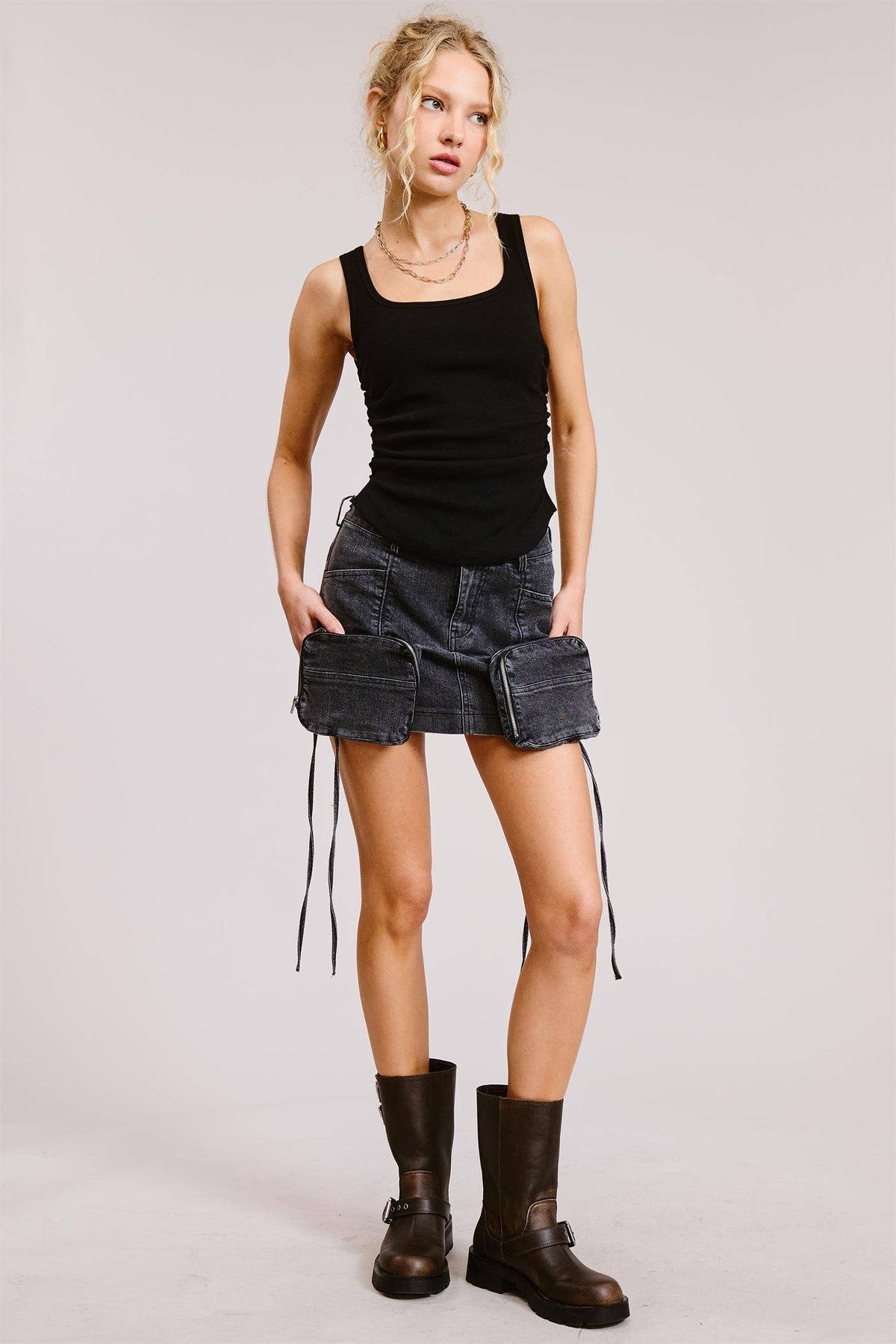 Ruched Ribbed Knit Tank with Scoop Neck: Grey / S
