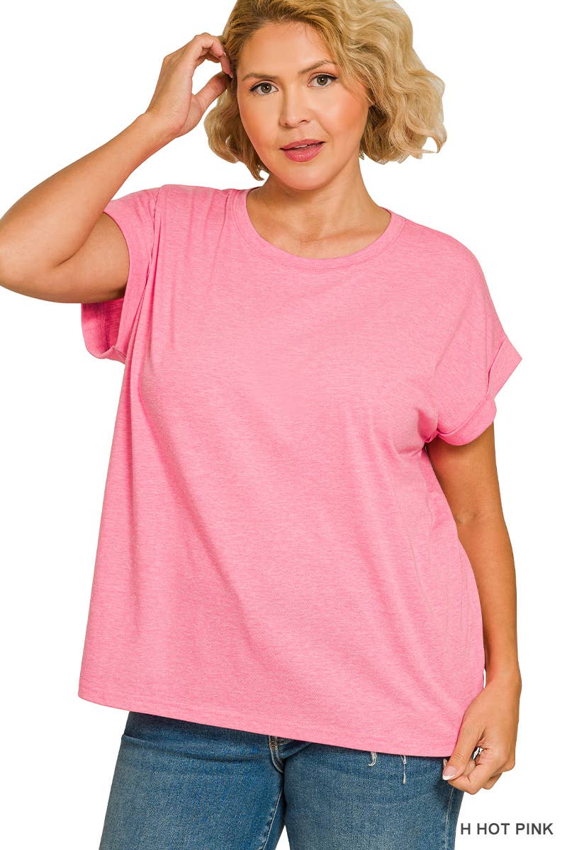 ,..._ Plus size Cotton Folded Sleeve T Shirt: +WHITE-173980 / 2X