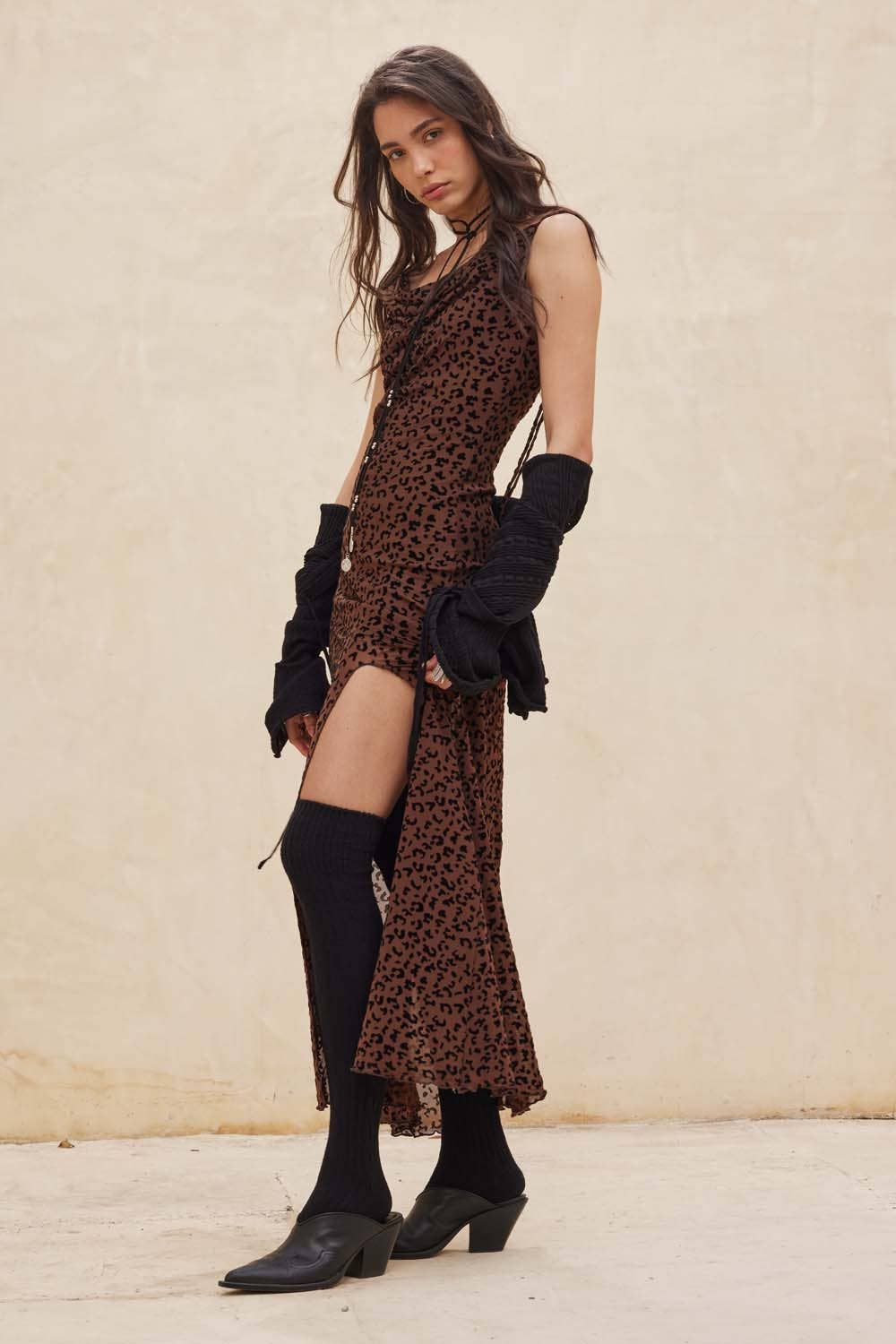 Flocked Leopard Mesh Cowl-Neck Maxi Dress: BURGUNDY / S