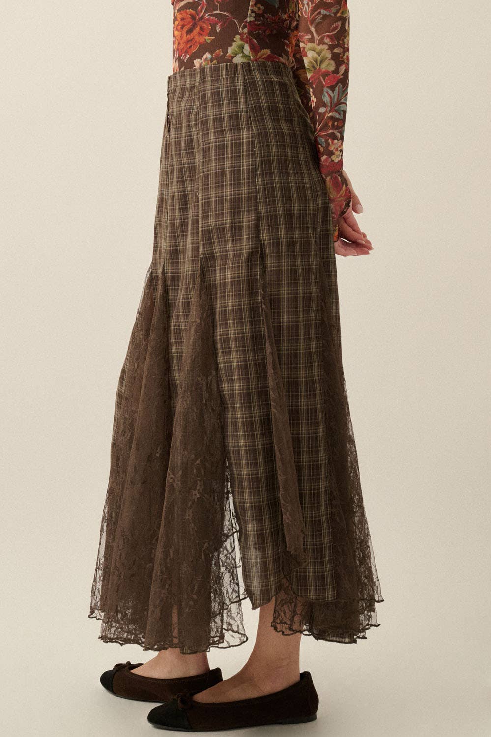 Plaid and Lace Godet Pleated A-Line High-Waist Maxi Skirt: Chocolate / M