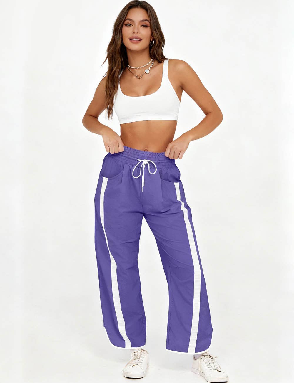 Ladies Color Block Striped Elastic Tie Waist Wide Leg Pants: Black / S