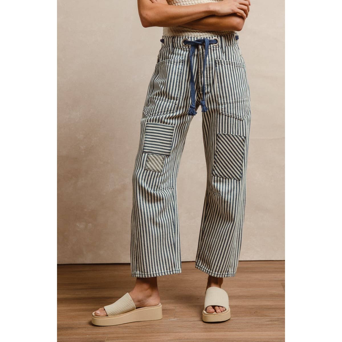 STRIPED TWILL BARREL PANTS: OATMEAL / S-M-L-XL(2-2-2-2)