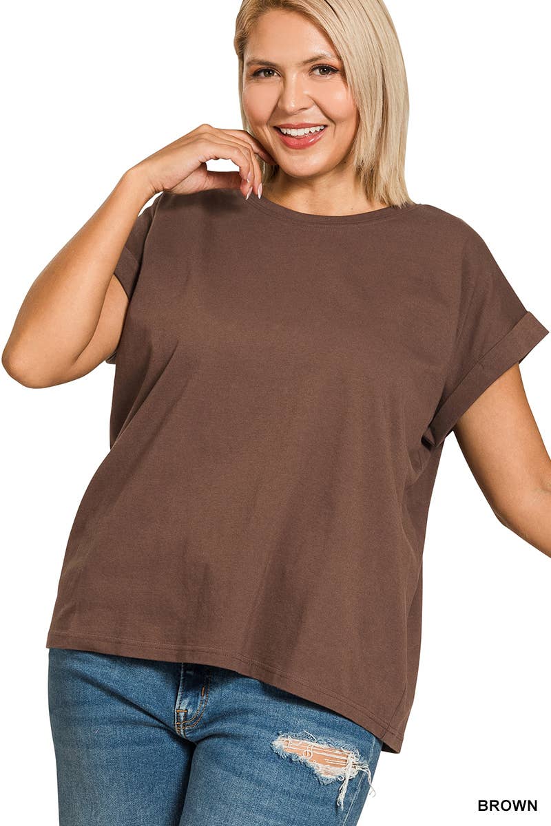 ,..._ Plus size Cotton Folded Sleeve T Shirt: +WHITE-173980 / 3X