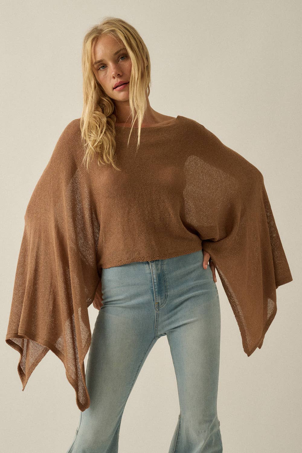 Sheer Lightweight Knit Cropped Poncho Sweater: Off White / M