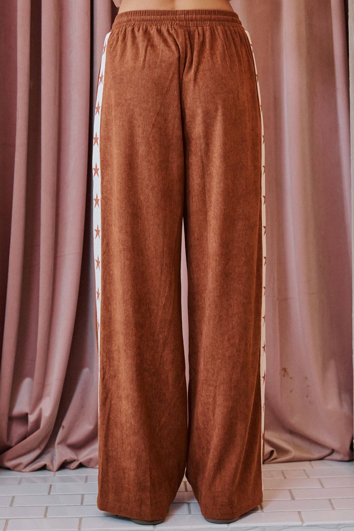 STAR STRIPE CORDUROY WIDE LEG PANTS: Black / 3XL