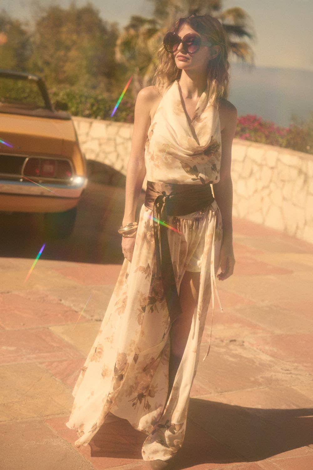 Floral-Print Chiffon Tie-Waist Maxi Skort: Retro Blue / M