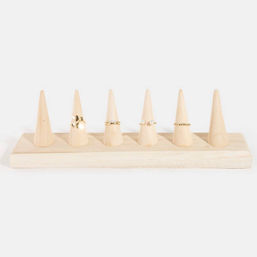 Natural Wood Six Finger Ring Cone Display Stand: WOOD