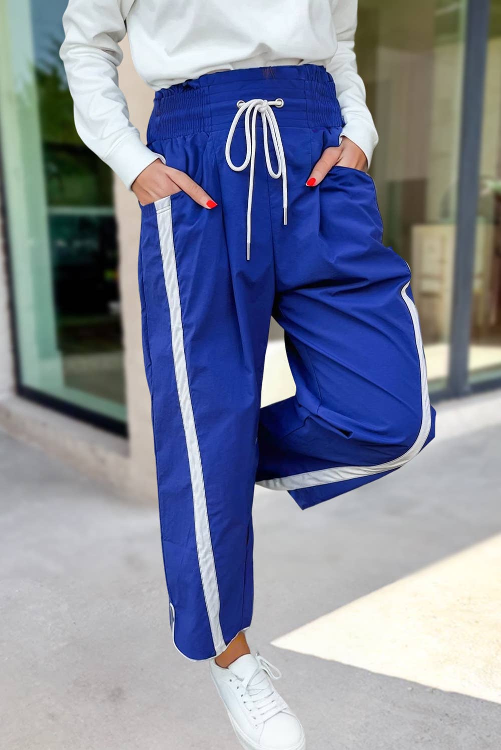 Stripe Smocked Waist Drawstring Cropped Pants | S-XL: Black / M
