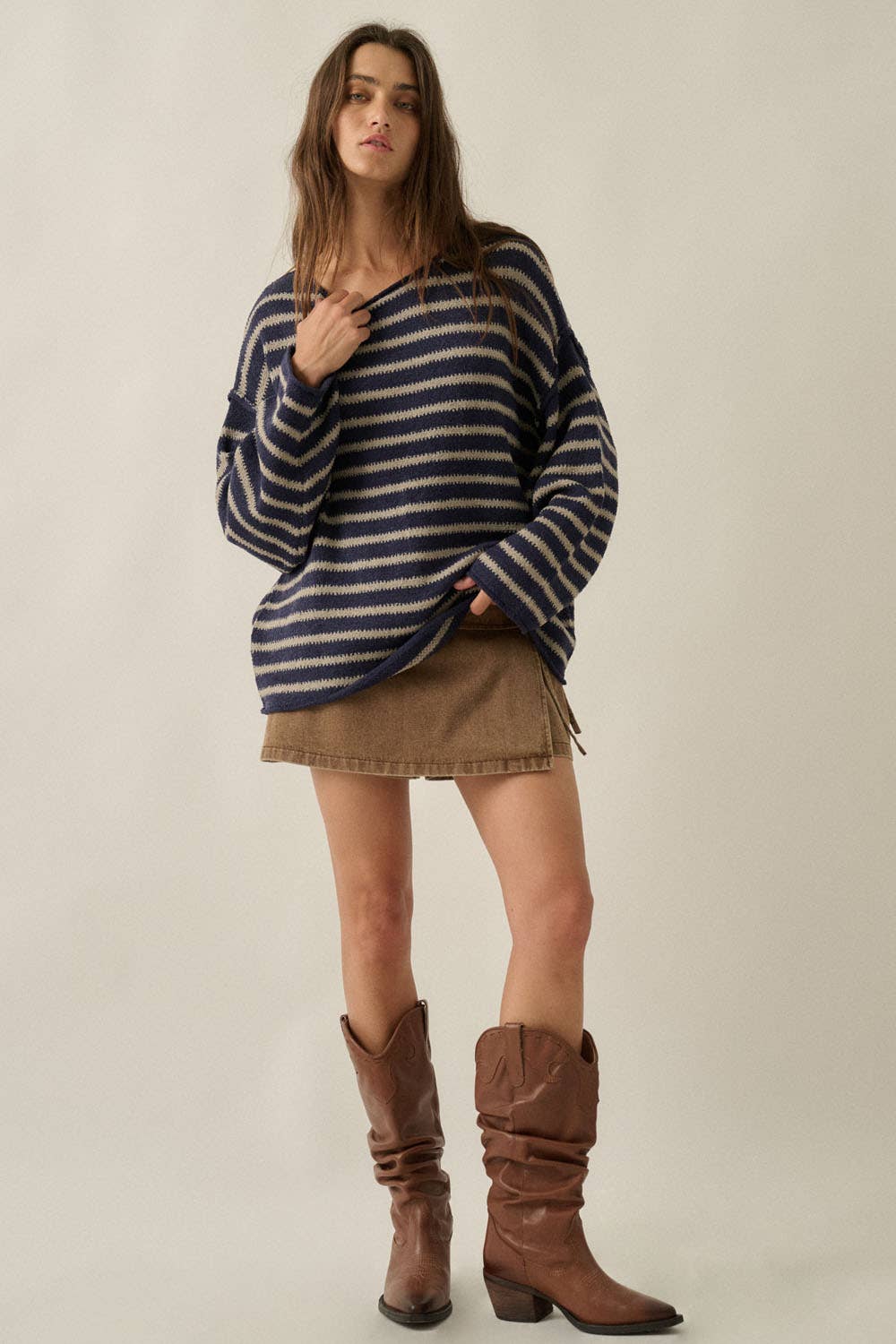Striped Textured Knit Oversized Sweater: Midnight-Grey / L