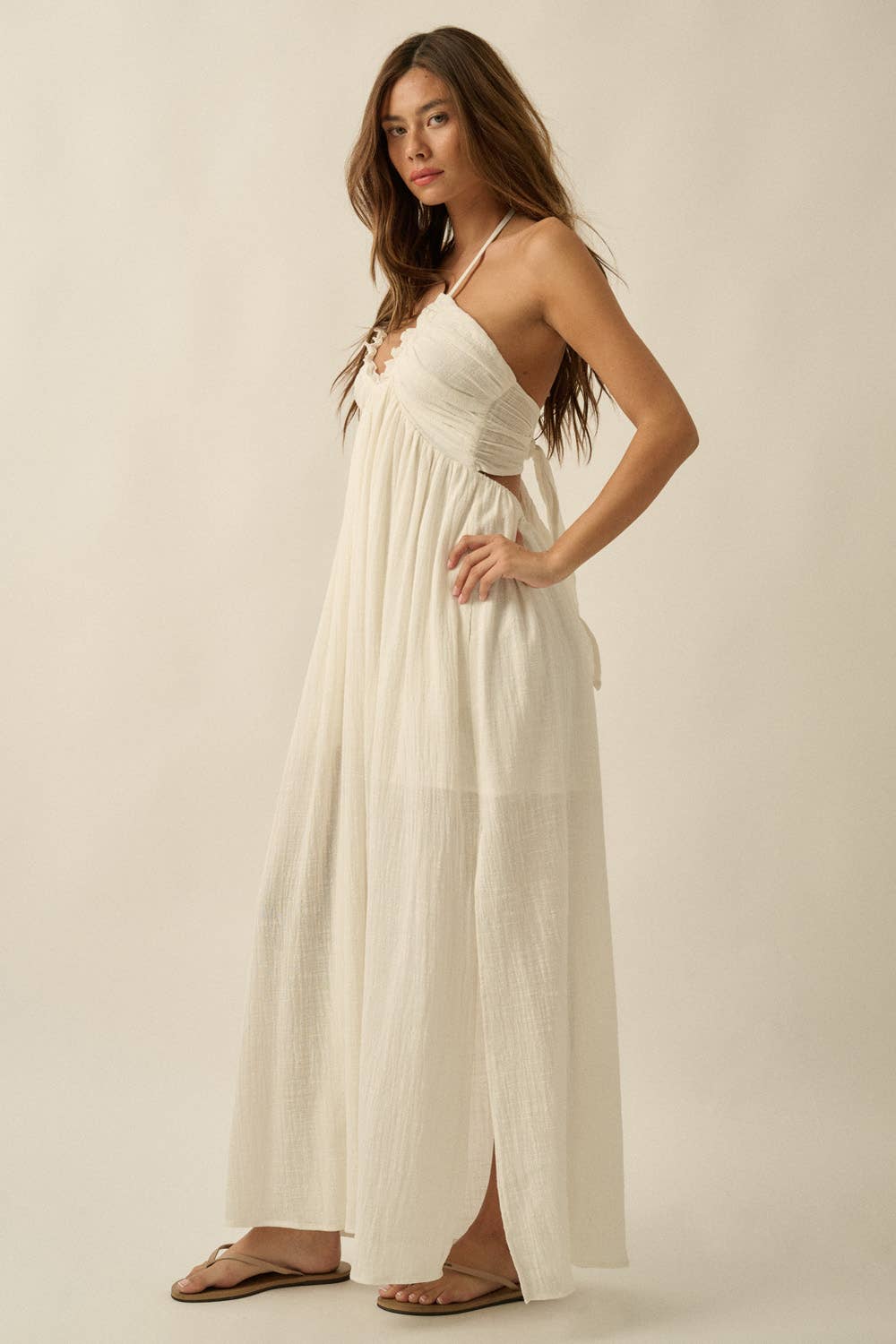 Cotton Gauze Tie-Back Halter Pocket Maxi Dress: Stone / L