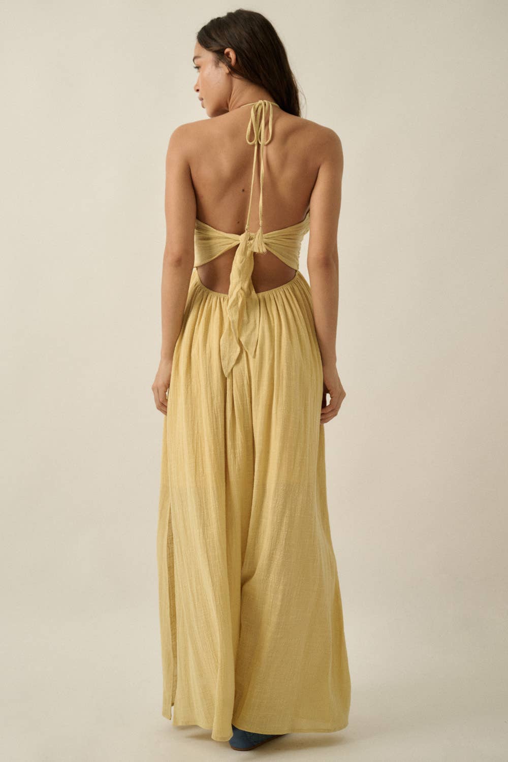 Cotton Gauze Tie-Back Halter Pocket Maxi Dress: Stone / L