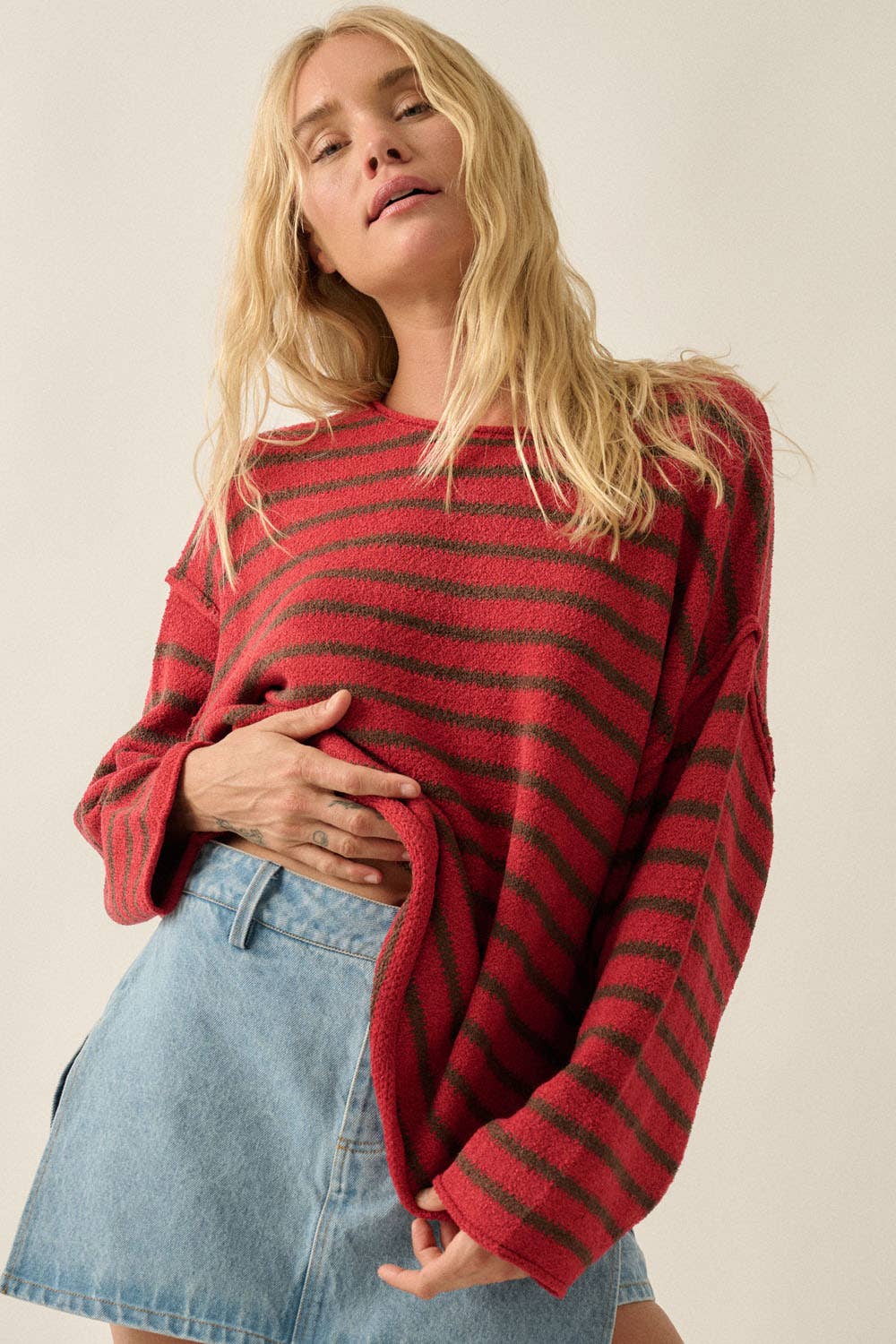 Striped Textured Knit Oversized Sweater: Midnight-Grey / L